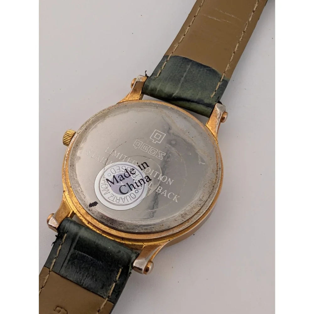 QBOS Limited Edition Watch Gold‎ Case Olive Green Leather Band- New Battery